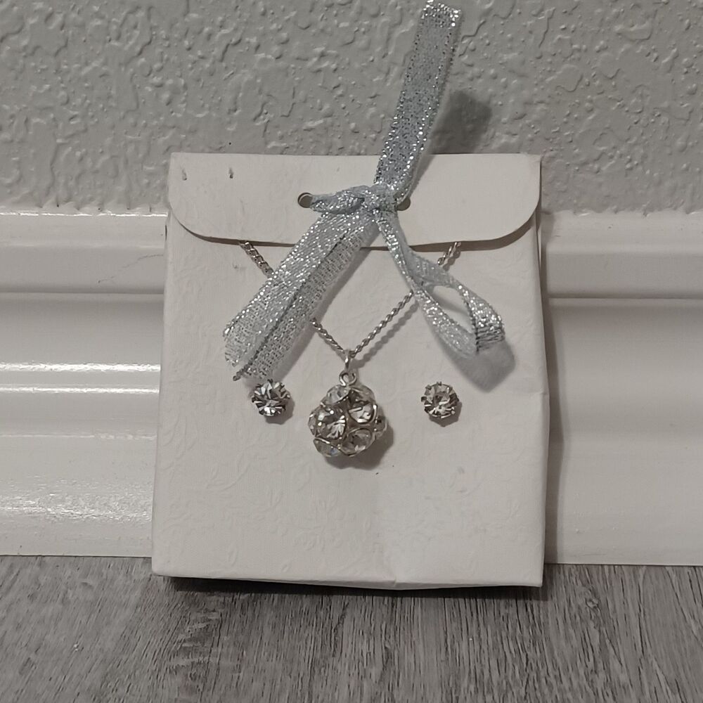 NWT Silver-Toned CZ Necklace & Earring Set, 16.5"